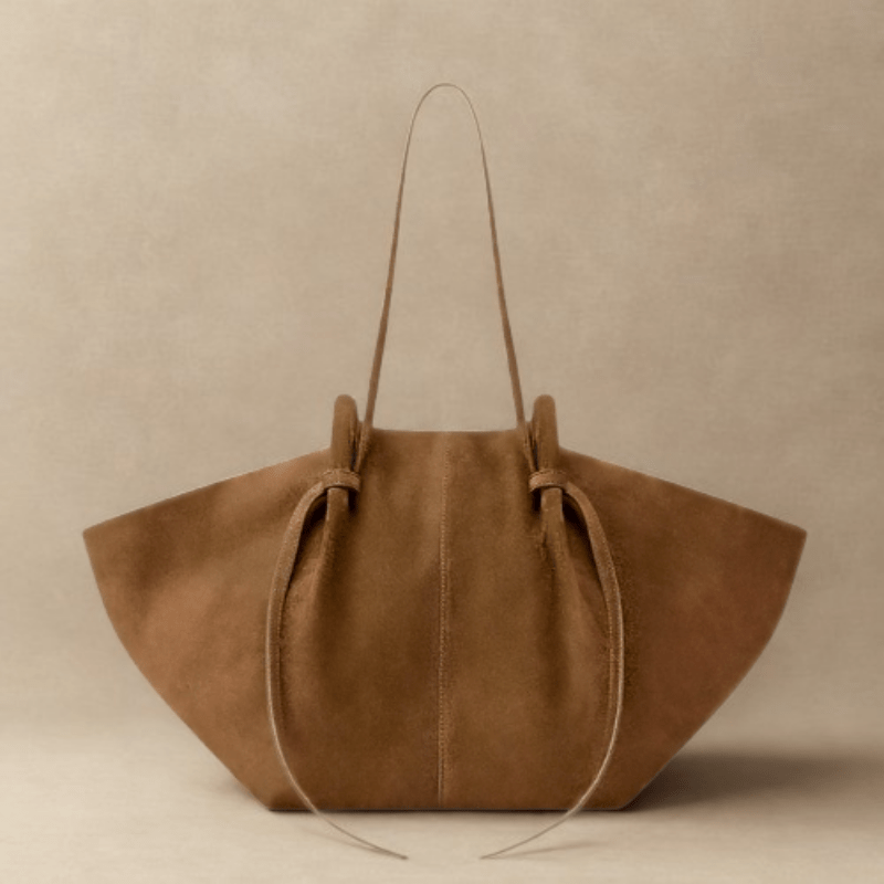 Suede Style Vegan Leather Tote Bag for Women, Soft Everyday Shoulder Purse in Coffee, styled as a SheSelects summer accessory