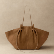 Suede Style Vegan Leather Tote Bag for Women, Soft Everyday Shoulder Purse in Coffee, styled as a SheSelects summer accessory