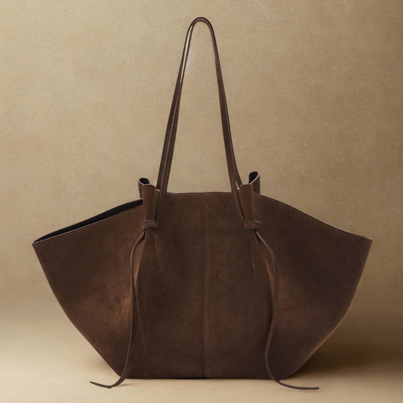 Suede Style Vegan Leather Tote Bag for Women, Soft Everyday Shoulder Purse in Coffee, styled as a SheSelects summer accessory