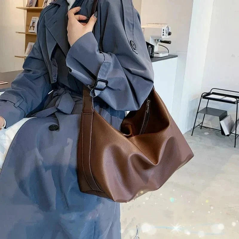 Vegan Leather Tote Bag for Women, Soft Everyday Shoulder Purse in Coffee, styled as a SheSelects summer accessory