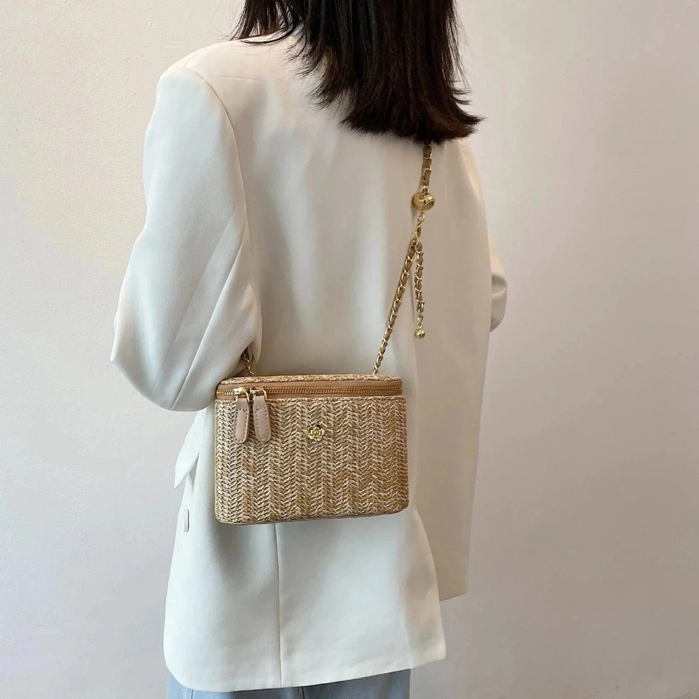 Straw Summer Bag for Women, Natural Summer Vacation Purse in Black, styled as a SheSelects summer accessory