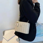 Straw Summer Bag for Women, Natural Summer Vacation Purse in Black, styled as a SheSelects summer accessory