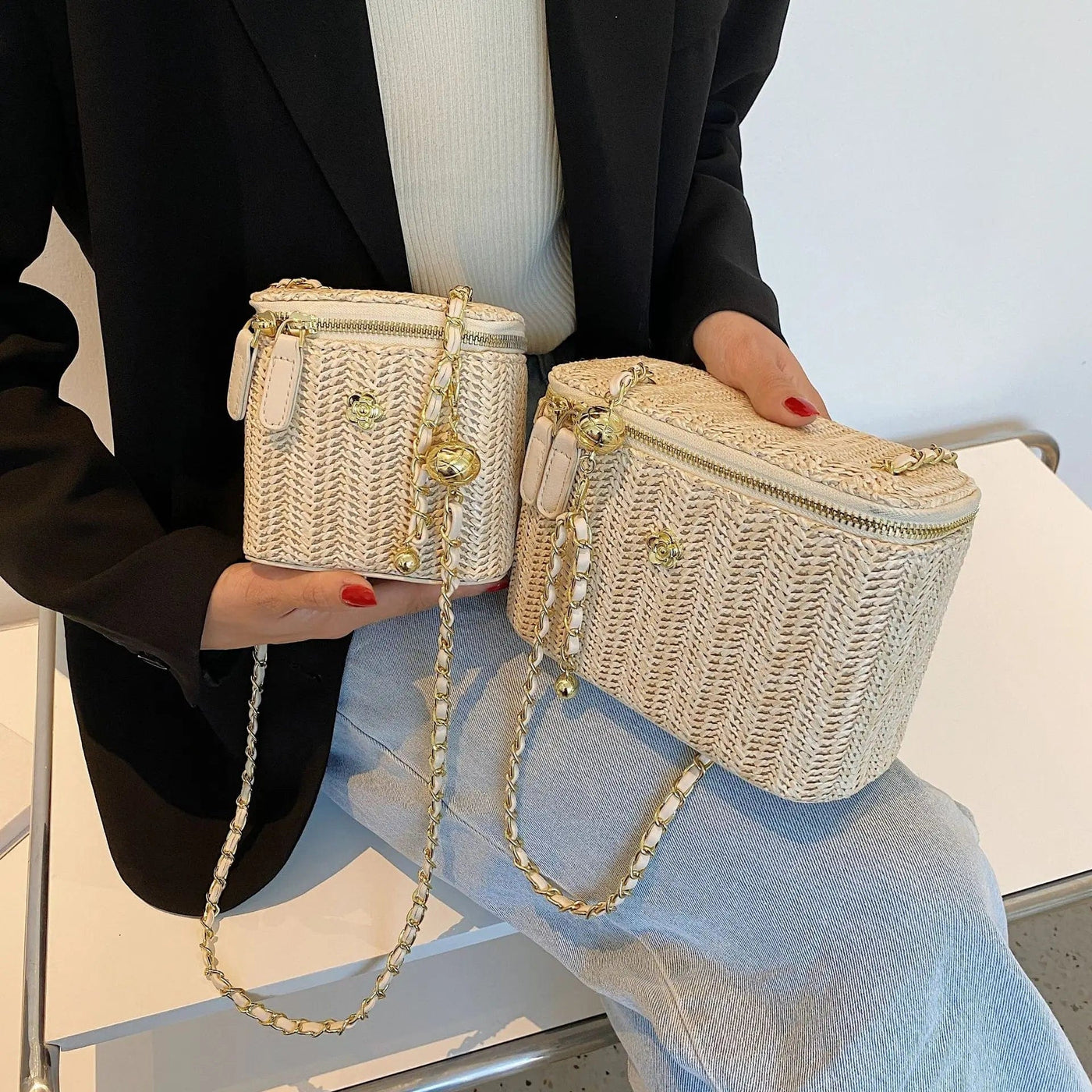 Straw Summer Bag for Women, Natural Summer Vacation Purse in Black, styled as a SheSelects summer accessory
