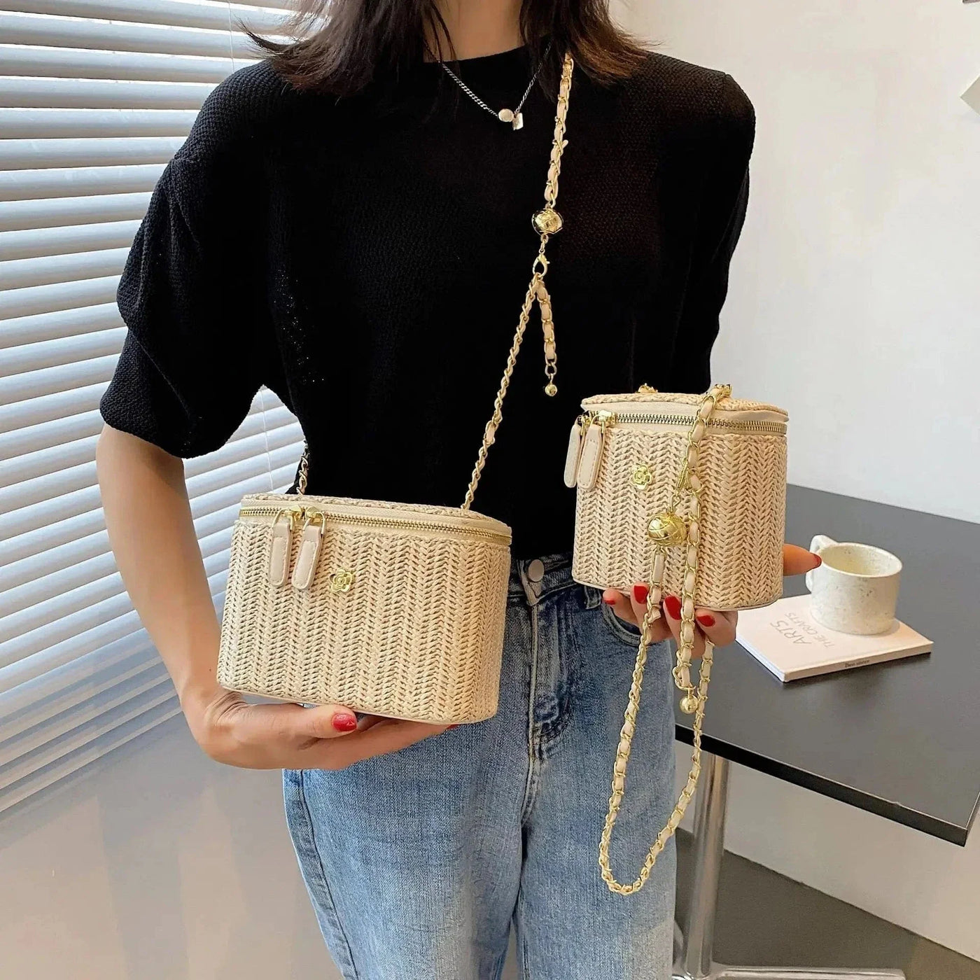 Straw Summer Bag for Women, Natural Summer Vacation Purse in Black, styled as a SheSelects summer accessory