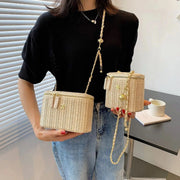 Straw Summer Bag for Women, Natural Summer Vacation Purse in Black, styled as a SheSelects summer accessory
