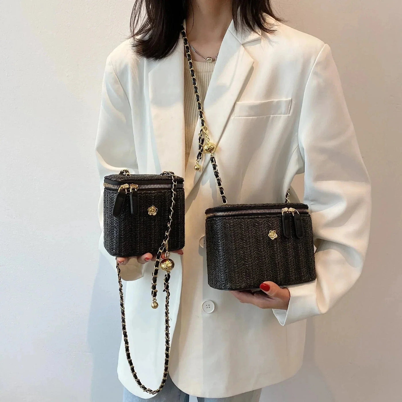 Straw Summer Bag for Women, Natural Summer Vacation Purse in Black, styled as a SheSelects summer accessory