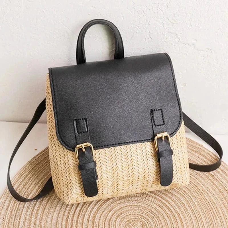 Mini Straw Backpack for Women, Lightweight Summer Travel Bag in Black, styled as a SheSelects summer accessory