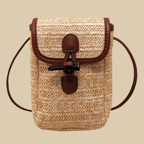 Mini Straw Summer Bag for Women, Natural Summer Vacation Purse in Light Brown, styled as a SheSelects summer accessory