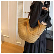 Oversized Straw Summer Bag for Women, Natural Summer Vacation Purse in White, styled as a SheSelects summer accessory