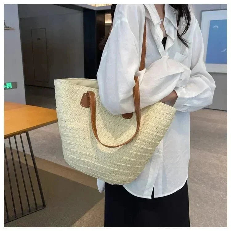 Oversized Straw Summer Bag for Women, Natural Summer Vacation Purse in White, styled as a SheSelects summer accessory