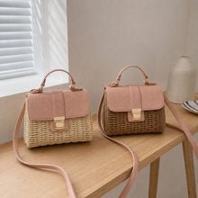 Structured Woven Straw Satchel with Pink Flap, Top Handle Crossbody Bag
