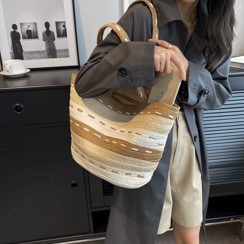 Straw Summer Bag for Women, Natural Summer Vacation Purse in Beige, styled as a SheSelects summer accessory