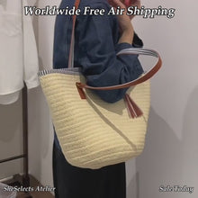 Große geflochtene Stroh-Tote mit Quaste, Strandtasche für Damen