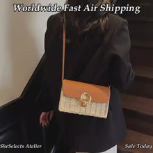 Woven Straw Square-Lock Crossbody Bag, Structured Fall Purse