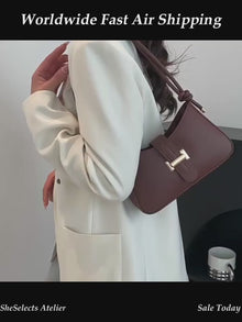 Minimalist Vegan Leather Baguette Bag with Knot Strap and Gold Clasp