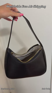 Minimalist Crescent Shoulder Bag, Small Vegan Leather Purse with Gold Chain Detail
