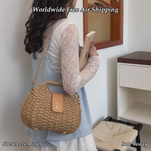 Straw Woven Crossbody Bag, Rounded Summer Shoulder Purse with Gold Turn Lock