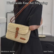 Woven Straw Crossbody Bag, Summer Shoulder Purse with Buckle, Boho Vacation Gift for Her
