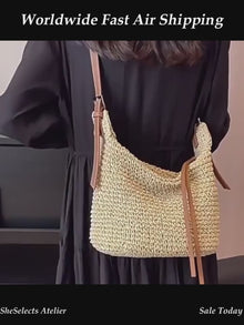 Slouchy Woven Straw Hobo Bag with Adjustable Strap and Zip Top