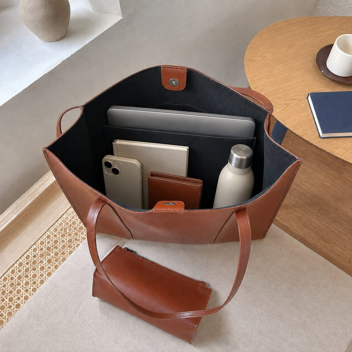 Large vegan leather tote opened with laptop, notebook, phone, wallet and bottle for capacity