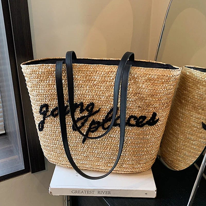 Raffia Beach Bag for Women, Lightweight Summer Vacation Purse in Khaki, styled as a SheSelects summer accessory