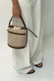 Raffia Bucket Bag for Women, Boho Summer Vacation Purse in Brown, styled as a SheSelects summer accessory