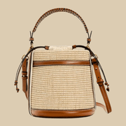 Raffia Bucket Bag for Women, Boho Summer Vacation Purse in Brown, styled as a SheSelects summer accessory