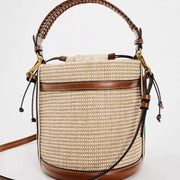 Raffia Bucket Bag for Women, Boho Summer Vacation Purse in Brown, styled as a SheSelects summer accessory