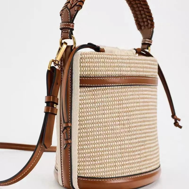 Raffia Bucket Bag for Women, Boho Summer Vacation Purse in Brown, styled as a SheSelects summer accessory