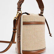 Raffia Bucket Bag for Women, Boho Summer Vacation Purse in Brown, styled as a SheSelects summer accessory