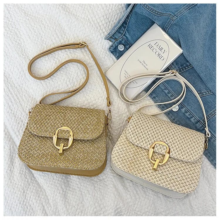 Raffia Crossbody Bag for Women, Woven Summer Purse with Easy Strap in Beige, styled as a SheSelects summer accessory