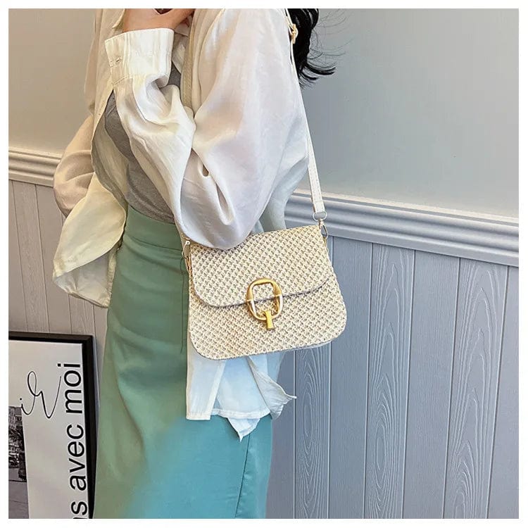 Raffia Crossbody Bag for Women, Woven Summer Purse with Easy Strap in Beige, styled as a SheSelects summer accessory