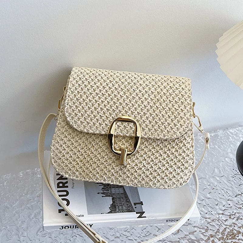 Raffia Crossbody Bag for Women, Woven Summer Purse with Easy Strap in Beige, styled as a SheSelects summer accessory