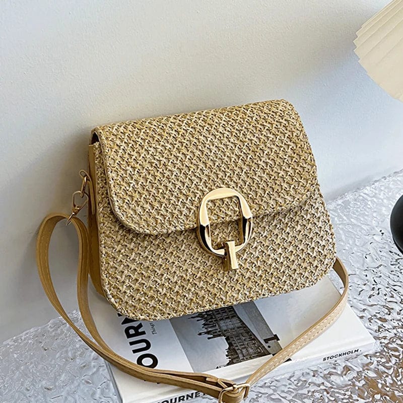 Raffia Crossbody Bag for Women, Woven Summer Purse with Easy Strap in Beige, styled as a SheSelects summer accessory