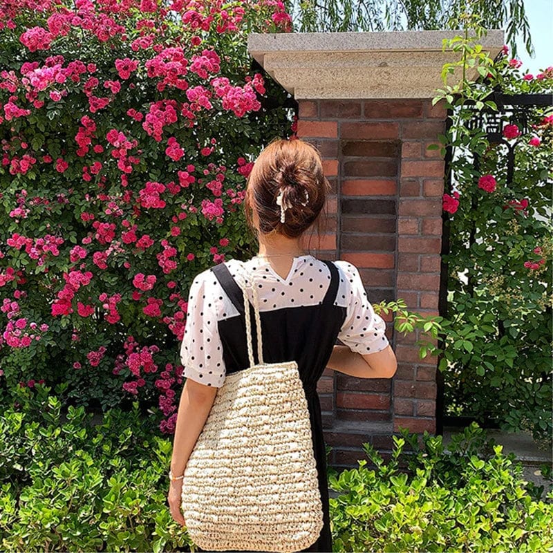 Raffia Shoulder Bag for Women, Natural Woven Summer Purse in Beige, styled as a SheSelects summer accessory