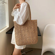 Raffia Shoulder Bag for Women, Natural Woven Summer Purse in Beige, styled as a SheSelects summer accessory