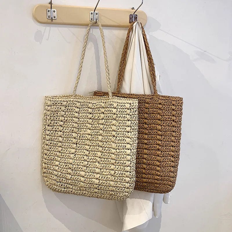 Raffia Shoulder Bag for Women, Natural Woven Summer Purse in Beige, styled as a SheSelects summer accessory