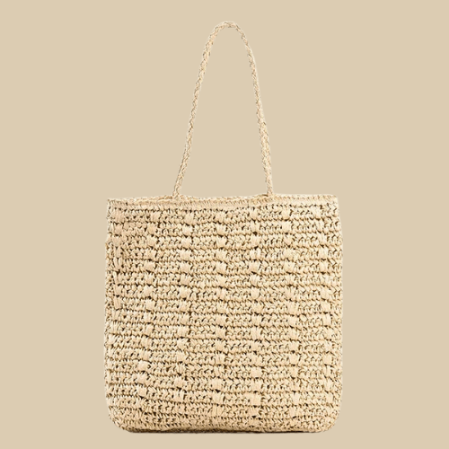 Raffia Shoulder Bag for Women, Natural Woven Summer Purse in Beige, styled as a SheSelects summer accessory