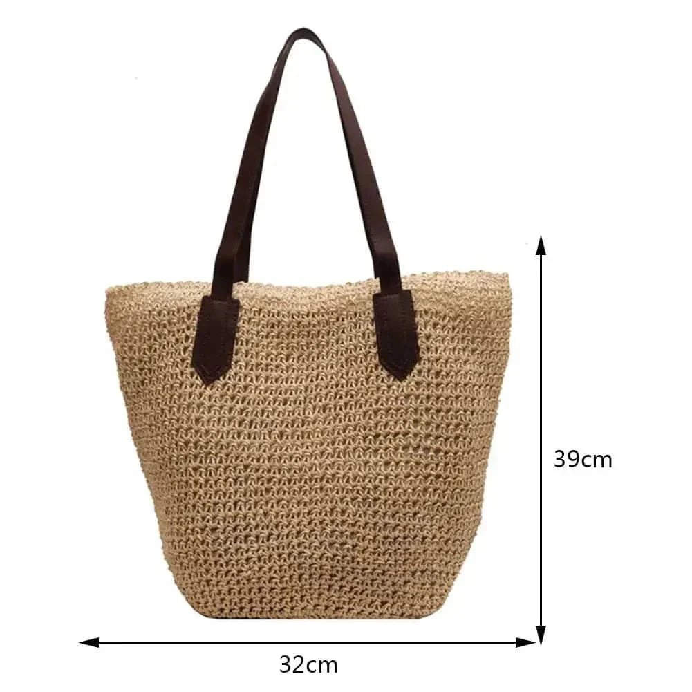 Raffia Tote Bag for Women, Woven Summer Beach and Vacation Purse in Coffee, styled as a SheSelects summer accessory