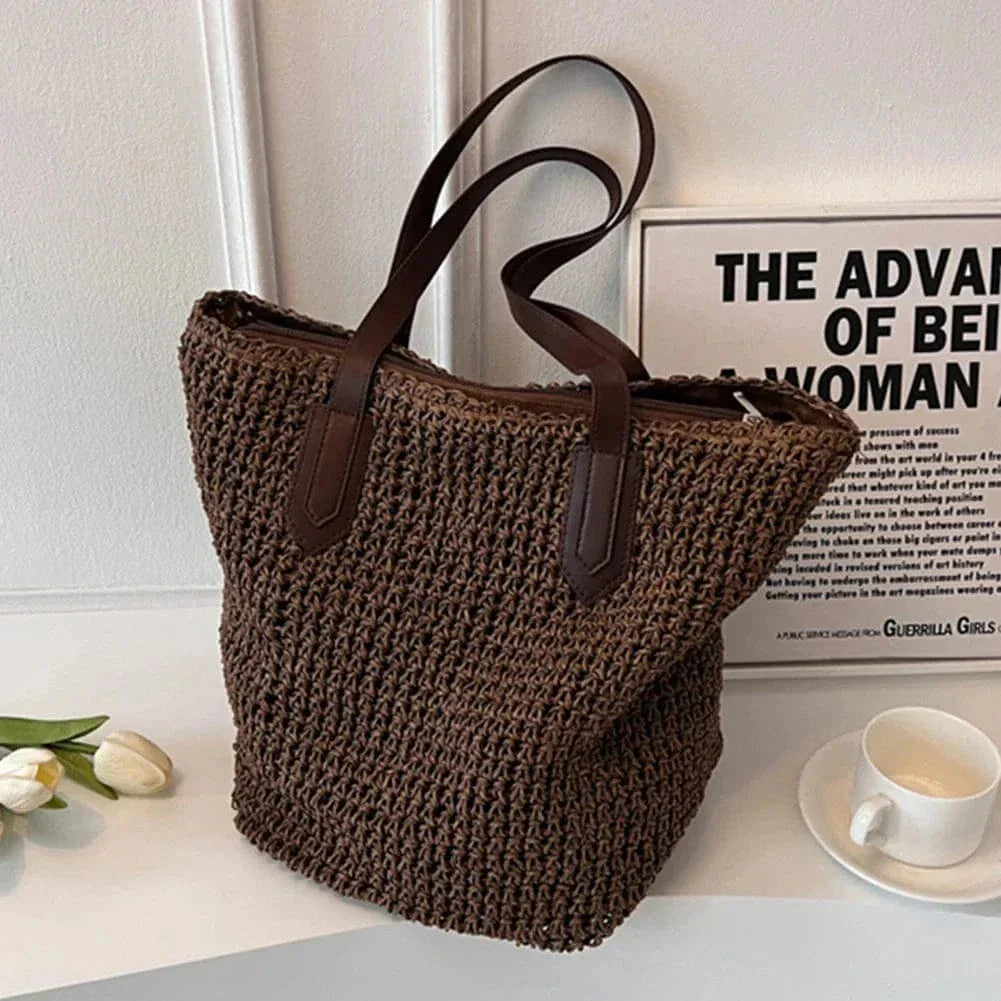 Raffia Tote Bag for Women, Woven Summer Beach and Vacation Purse in Coffee, styled as a SheSelects summer accessory