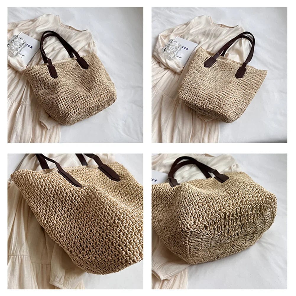 Raffia Tote Bag for Women, Woven Summer Beach and Vacation Purse in Coffee, styled as a SheSelects summer accessory