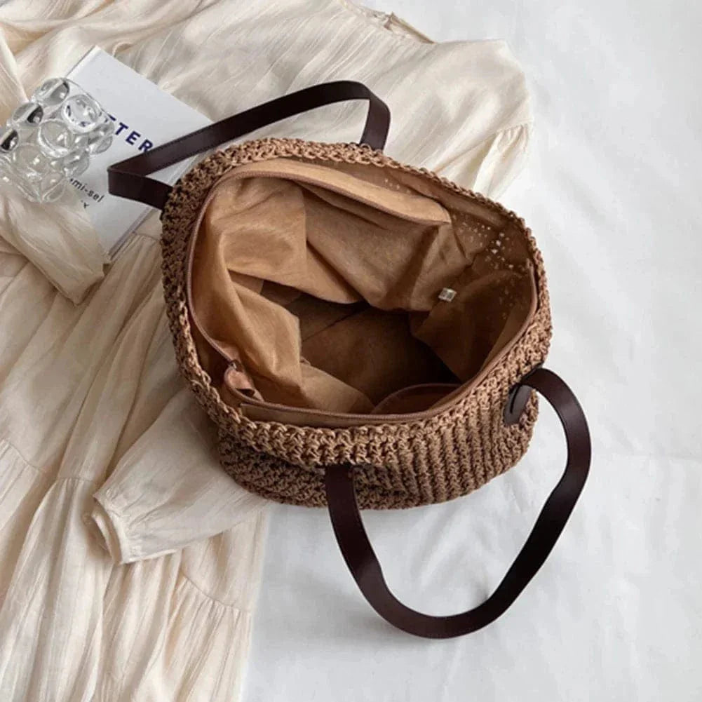 Raffia Tote Bag for Women, Woven Summer Beach and Vacation Purse in Coffee, styled as a SheSelects summer accessory