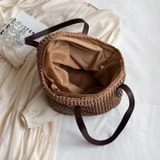 Raffia Tote Bag for Women, Woven Summer Beach and Vacation Purse in Coffee, styled as a SheSelects summer accessory