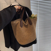 Raffia Tote Bag for Women, Woven Summer Beach and Vacation Purse in Coffee, styled as a SheSelects summer accessory