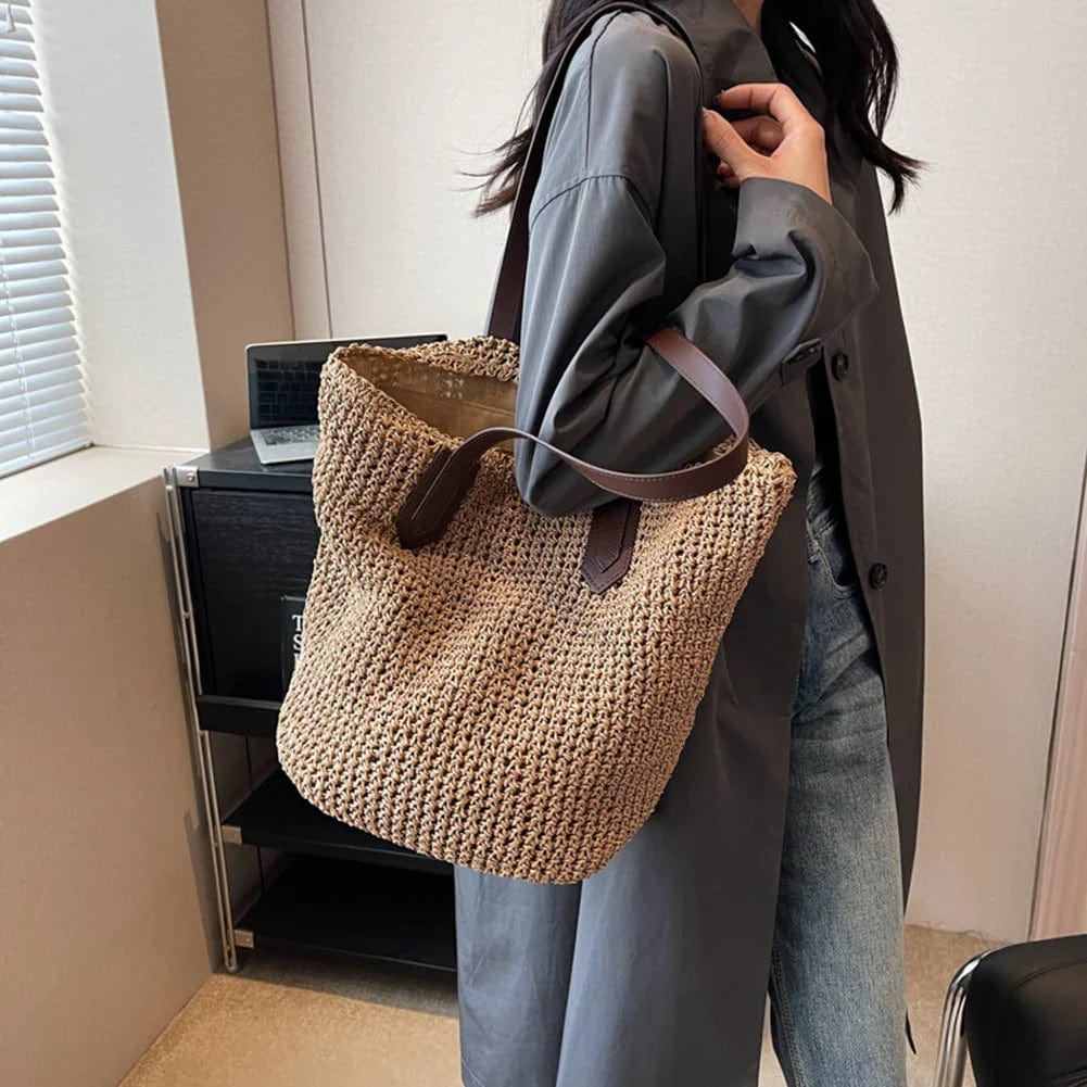 Raffia Tote Bag for Women, Woven Summer Beach and Vacation Purse in Coffee, styled as a SheSelects summer accessory