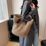 Raffia Tote Bag for Women, Woven Summer Beach and Vacation Purse in Coffee, styled as a SheSelects summer accessory