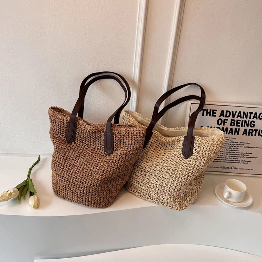 Raffia Tote Bag for Women, Woven Summer Beach and Vacation Purse in Coffee, styled as a SheSelects summer accessory