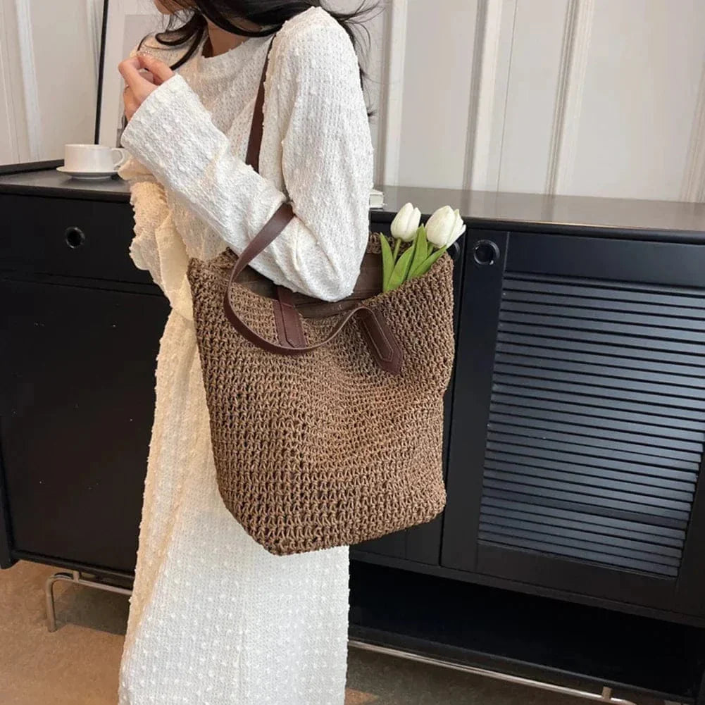 Raffia Tote Bag for Women, Woven Summer Beach and Vacation Purse in Coffee, styled as a SheSelects summer accessory