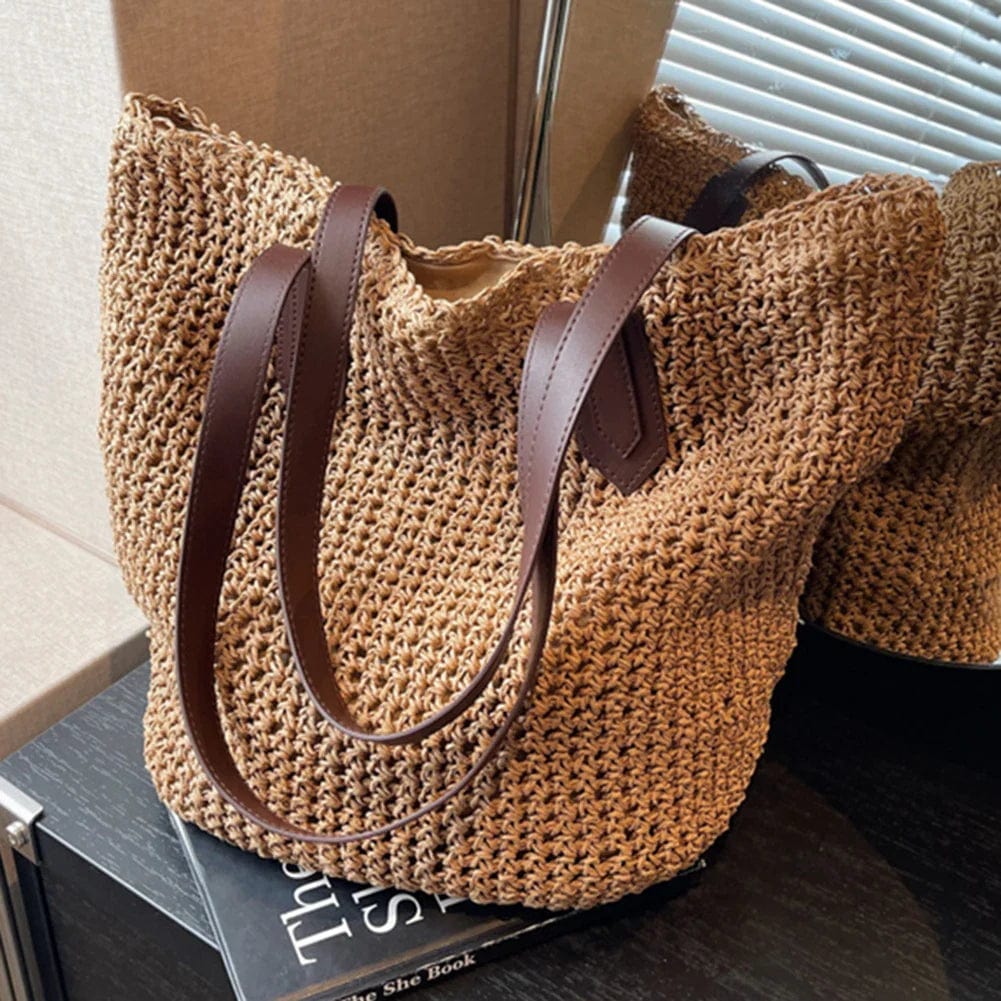 Raffia Tote Bag for Women, Woven Summer Beach and Vacation Purse in Coffee, styled as a SheSelects summer accessory