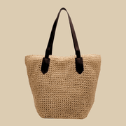 Raffia Tote Bag for Women, Woven Summer Beach and Vacation Purse in Coffee, styled as a SheSelects summer accessory
